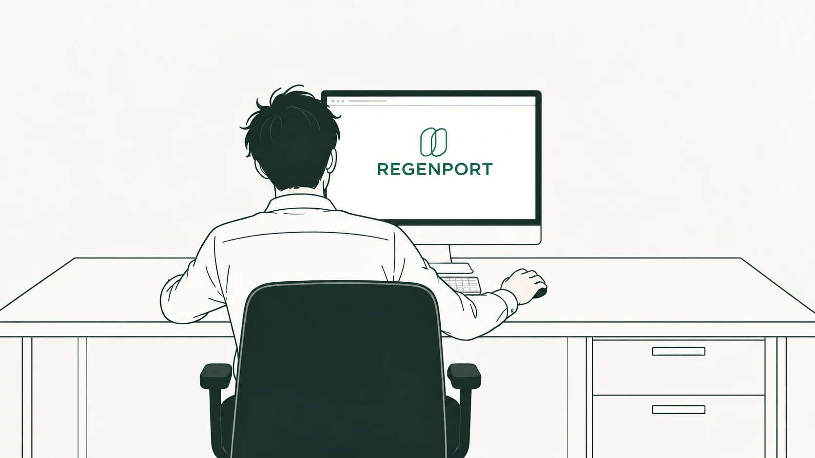 The same desk cleared, with Regenport open on screen