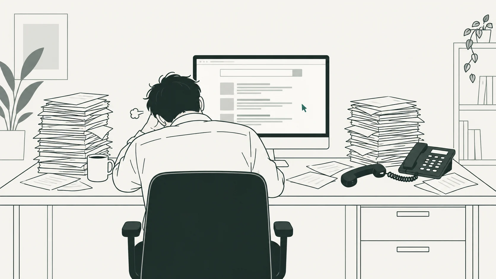 A buyer at a desk buried in paper stacks, searching supplier listings